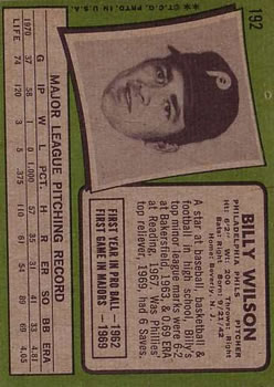 1971 Topps #192 Billy Wilson back image