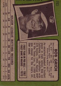 1971 Topps #193 Bob Grich RC back image