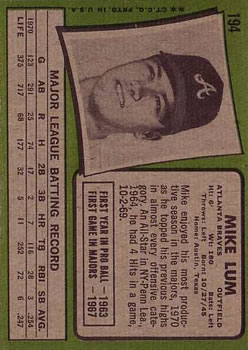 1971 Topps #194 Mike Lum back image