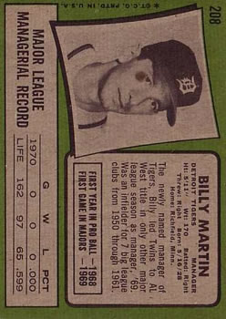 1971 Topps #208 Billy Martin MG back image