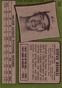 1971 Topps #209 Steve Renko back image