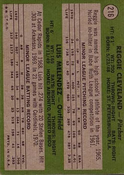 1971 Topps #216 Rookie Stars/Reggie Cleveland/Luis Melendez RC back image