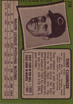 1971 Topps #218 Tony Cloninger back image