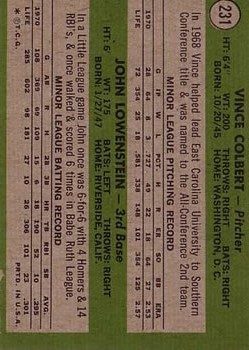 1971 Topps #231 Rookie Stars/Vince Colbert RC/John Lowenstein RC back image