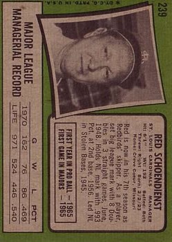 1971 Topps #239 Red Schoendienst MG back image