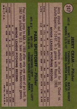 1971 Topps #247 Rookie Stars/Jerry Cram RC/Paul Splittorff RC back image