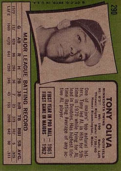 1971 Topps #290 Tony Oliva back image