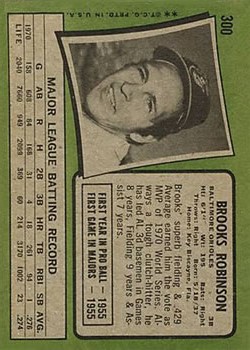 1971 Topps #300 Brooks Robinson back image