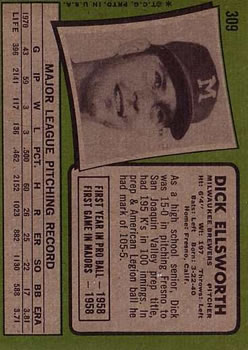 1971 Topps #309 Dick Ellsworth back image