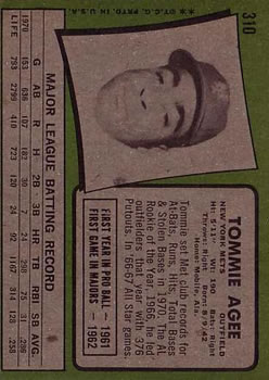 1971 Topps #310 Tommie Agee back image