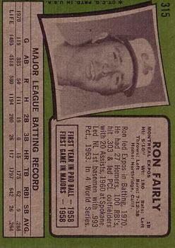 1971 Topps #315 Ron Fairly back image