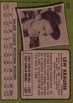 1971 Topps #372 Lew Krausse back image