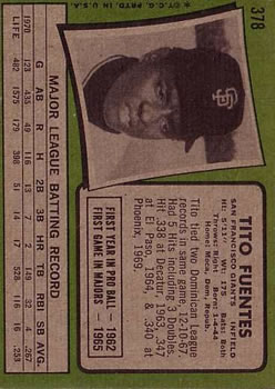 1971 Topps #378 Tito Fuentes back image