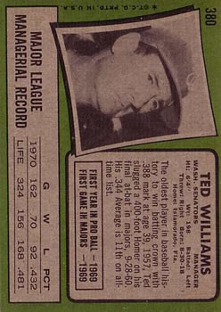1971 Topps #380 Ted Williams MG back image