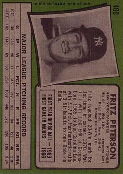 1971 Topps #460 Fritz Peterson back image