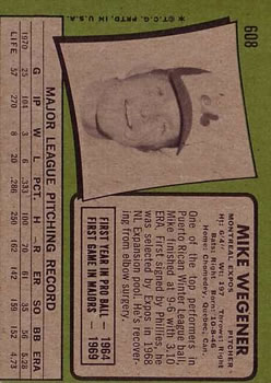 1971 Topps #608 Mike Wegener back image