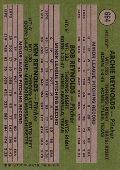 1971 Topps #664 Rookie Stars/Archie Reynolds RC/Bob Reynolds RC/Ken Reynolds RC SP back image