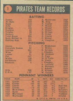 1972 Topps #1 Pittsburgh Pirates TC back image