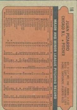1972 Topps #18A Juan Pizarro/Yellow underline/C and S of Cubs back image