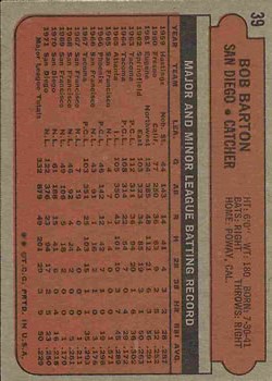1972 Topps #39 Bob Barton back image