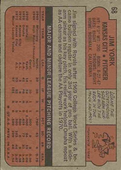 1972 Topps #68 Jim York RC back image