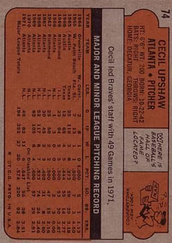 1972 Topps #74 Cecil Upshaw back image