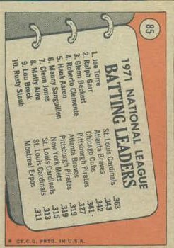 1972 Topps #85 NL Batting Leaders/Joe Torre/Ralph Garr/Glenn Beckert back image