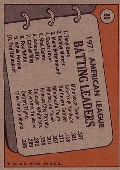 1972 Topps #86 AL Batting Leaders/Tony Oliva/Bobby Murcer/Merv Rettenmund back image