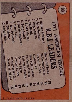 1972 Topps #88 AL RBI Leaders/Harmon Killebrew/Frank Robinson/Reggie Smith back image