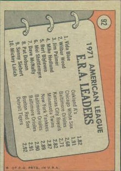 1972 Topps #92 AL ERA Leaders/Vida Blue/Wilbur Wood/Jim Palmer back image