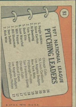 1972 Topps #93 NL Pitching Leaders/Fergie Jenkins/Steve Carlton/Al Downing/Tom Seaver back image