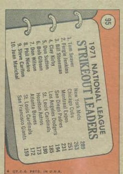 1972 Topps #95 NL Strikeout Leaders/Tom Seaver/Fergie Jenkins/Bill Stoneman back image