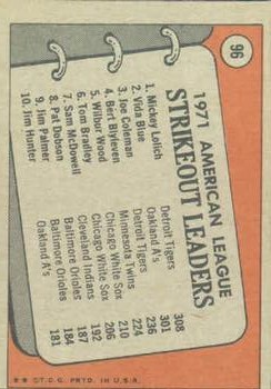 1972 Topps #96 AL Strikeout Leaders/Mickey Lolich/Vida Blue/Joe Coleman back image