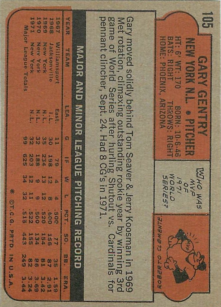1972 Topps #105 Gary Gentry back image