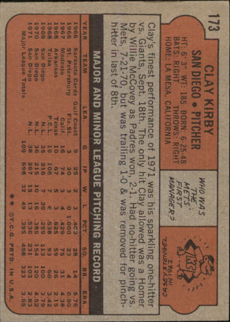 1972 Topps #173 Clay Kirby back image