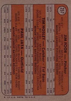 1972 Topps #257 Rookie Stars/Jim Foor RC/Tim Hosley RC/Paul Jata RC back image