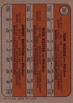 1972 Topps #351 Rookie Stars/Tom House/Rick Kester/Jimmy Britton back image
