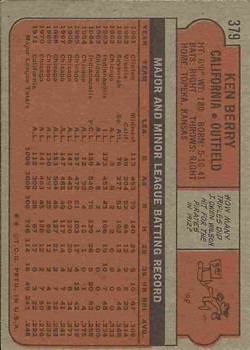 1972 Topps #379 Ken Berry back image