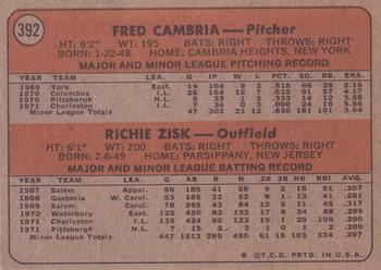 1972 Topps #392 Rookie Stars/Fred Cambria/Richie Zisk RC back image