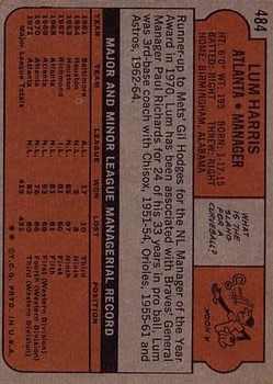 1972 Topps #484 Lum Harris MG back image