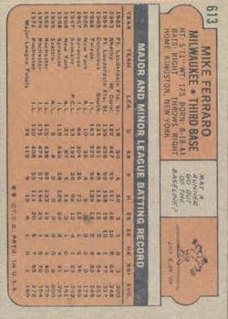 1972 Topps #613 Mike Ferraro back image