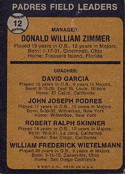 1973 Topps #12A Don Zimmer MG/Dave Garcia CO/Johnny Podres CO/Bob Skinner CO/Whitey Wietelmann CO/Podres no right ear back image