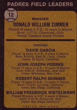 1973 Topps #12B Don Zimmer MG/Dave Garcia CO/Johnny Podres CO/Bob Skinner CO/Whitey Wietelmann CO/Podres has right ear back image