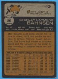 1973 Topps #20 Stan Bahnsen back image