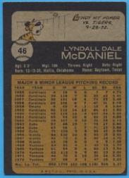 1973 Topps #46 Lindy McDaniel back image