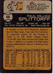 1973 Topps #48 Paul Splittorff back image
