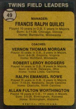 1973 Topps #49A Frank Quilici MG/Vern Morgan CO/Bob Rodgers CO/Ralph Rowe CO/Al Worthington CO/Solid backgrounds back image