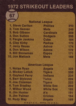 1973 Topps #67 Strikeout Leaders/Steve Carlton/Nolan Ryan back image