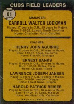 1973 Topps #81A Whitey Lockman MG/Hank Aguirre CO/Ernie Banks CO/Larry Jansen CO/Pete Reiser CO/Solid backgrounds back image
