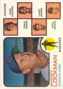 1973 Topps #81A Whitey Lockman MG/Hank Aguirre CO/Ernie Banks CO/Larry Jansen CO/Pete Reiser CO/Solid backgrounds